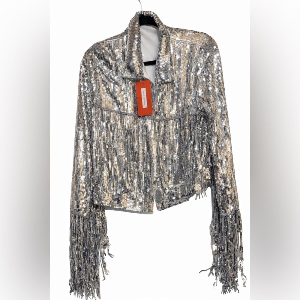 ZARA Silver Sequin Fringe Jacket Cropped Party Festival New Collection
